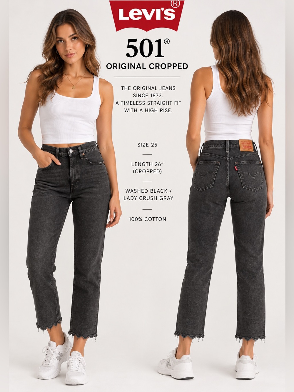 NWOT Levi's Original Cropped Straight Fit High Rise Washed Black/Gray 25W 26L